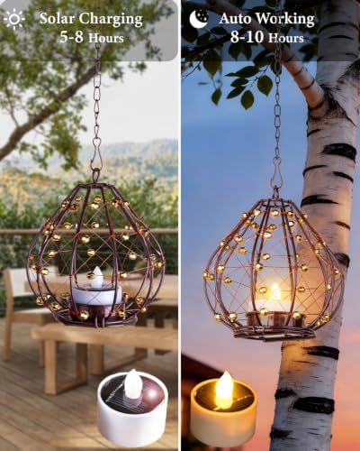 Outdoor Solar Hanging Lantern, 4 Pack Hand Woven Copper Wire Teardrop Candle Holders with Solar Tea Lights, IP65 Waterproof Chandelier for Gazebo, Tree, Pergola, Patio Garden Decor - Image 4