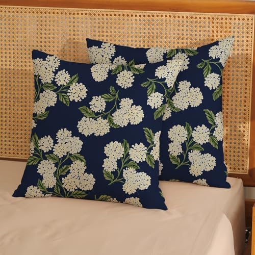 Navy Blue Spring Pillow Covers 24x24 Inch 2 Pcs Green Yellow Hydrangea Flower Decor Throw Pillows Vintage Floral Seasonal Summer Outdoor Decoration Pillowcase Linen Cushion Cover for Couch Sofa - Image 2