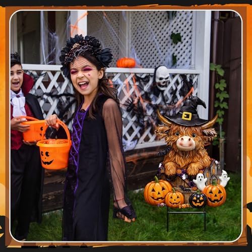 Amyhill Halloween Highland Cow Outdoor Decor Metal Garden Stakes with Pumpkins Bats Yard Signs for Halloween Outdoor Lawn Porch Backyard Holiday Lawn Decorations - Image 5
