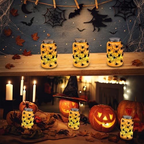 Qinyoung 12 Pcs Halloween Spiderweb Craft Spiders Mason Jars with LED Light - Image 6