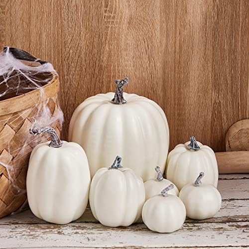 Halloween Autumn Harvest Festival 7 Artificial Pumpkins of Various Styles Decorate Rural Style Farmhouses Foam Pumpkins Thanksgiving Dinner Party Home Festival Autumn Decoration (White) - Image 5