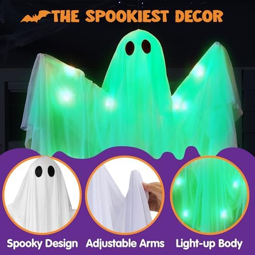 JOYIN Halloween Hanging Light up Ghost, 47" White Ghosts with Green LED Light and Timer Halloween Hanging Decoration Waterproof for Front Yard Patio LawnGarden Party Decor Indoor Outdoor - Image 2