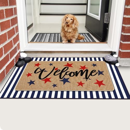 Tinideya 2 Pcs 4th of July Door Mat Outdoor Patriotic 250th Anniversary Welcome Doormat for Front Door Linen Rubber Layered USA Red White Blue Rug Nonslip Independence Day Decor for Porch Entryway - Image 4