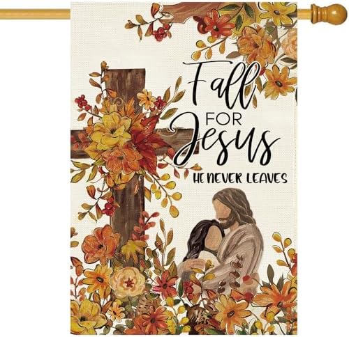 Baccessor Fall For Jesus He Never Leaves House Flag 28x40 Inch Double Sided,Thanksgiving Day Autumn Cardinal and Cross Outside Outdoor Seasonal Burlap Garden Flags Home Yard Porch Patio Decoration by Baccessor