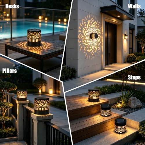 Solar Mandala Outdoor Wall Lights, 4 Pack 7 Color Changing Metal Fence Lanterns, Waterproof Solar Powered Deck Step Stair Lights for Garden Patio Yard Landscape Decor - Image 4