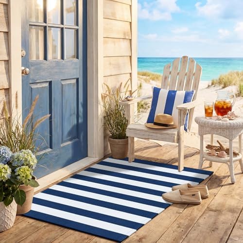 Duraaamo Nautical Navy White Stripe Outdoor Rug 2.3' X 3.6' for Front Porch - Image 5
