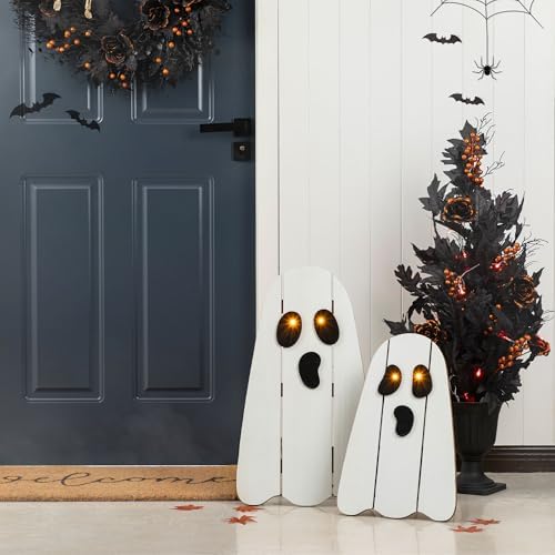 Glitzhome Set of 2 Halloween Lighted Wood Ghost Porch Decor - 24" H & 18" H Handcrafted Solid Wood Ghost Signs with Metal Display Stand for Farmhouse, Front Door Outdoor Yard Halloween Decorations by Glitzhome