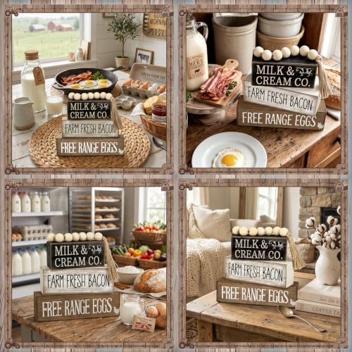 Moucuny 4 Pcs Farm Fresh Farmhouse Table Decor Rustic Stacked Wooden Sign - Image 6