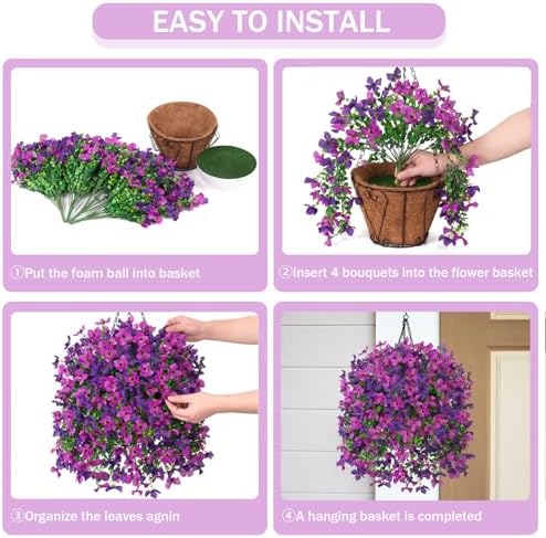 INXUGAO Artificial Hanging Flowers Plants with Basket for Outdoors, Realistic Faux Silk Daisy Flower Eucalyptus for Spring Decor, UV Resistant Fake Plants for Porch Patio Yard Balcony, Violet - Image 2