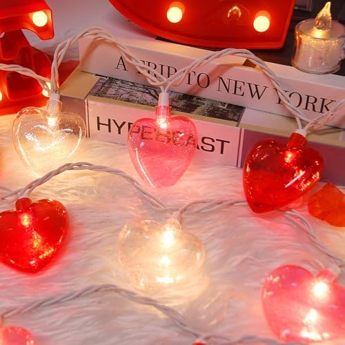 20 LED Valentine's Day Decorations Heart Lights, 12Ft Heart String Lights Outdoor Waterproof with 20 LED Red Pink White Hearts Shaped with Glitter for Room Door Windows Fence Valentines Day Decor - Image 4