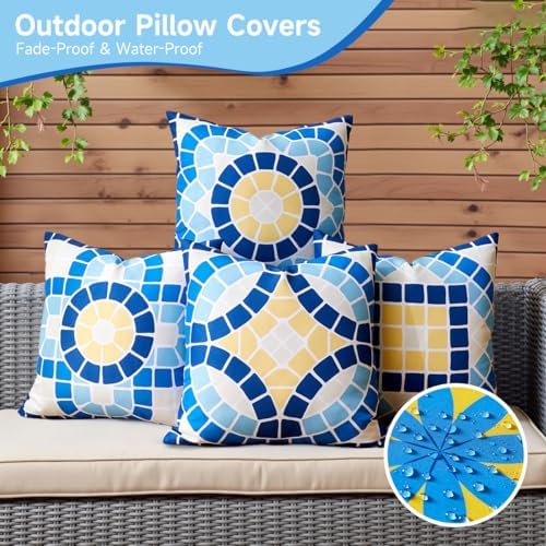 CARRIE HOME Blue Summer Outdoor Pillow Covers Waterproof 18x18 Set of 4, Summer Themed Party Decorations Swimming Pool Chair Pillow 18 x 18, Fade Resistant Waterproof Outdoor Pillows for Patio Porch - Image 2