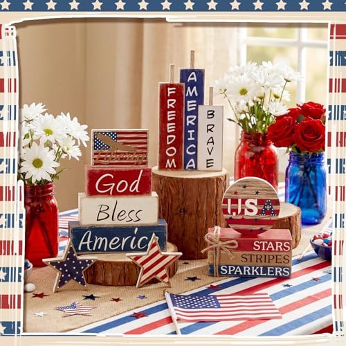 Vercraft 11 Pcs 4th of July Table Decorations Set Patriotic Tiered Tray Decor Set Blue Red White Table Centerpieces Sign for 4th of July Office Home Shelf 250th Anniversary - Image 3