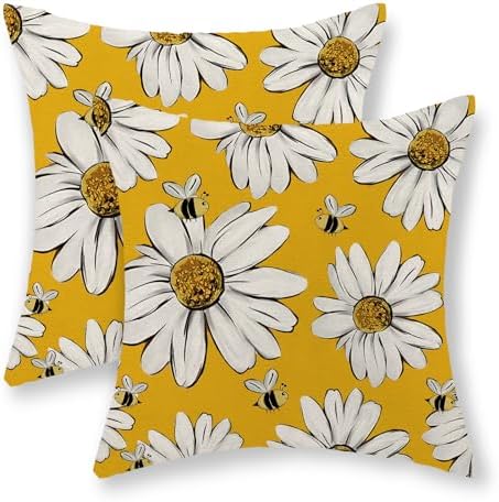 Summer Pillow Covers 16x16 Inch Set of 2 Floral Bee Sunflowers Yellow Throw Pillows Spring Outdoor Decorative Pillow Cases Linen Farmhouse Seasonal Cushion Covers Decor for Living Room Couch by JEFERSO