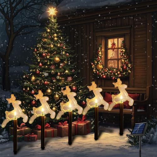 Solar Christmas Pathway Lights Outdoor, Set of 5 Waterproof Solar Stake Christmas Decor LED Lights Landscape Walkway Lights for Garden Yard Lawn Wedding Party Christmas Patio(Warm White Deer) - Image 2
