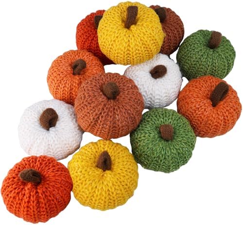 Winlyn Set of 12 Faux Fall Harvest Crochet Pumpkins Small Knit Pumpkins in Orange Yellow Green Brown Cream Rustic Farmhouse Pumpkins Foam Pumpkins for Thanksgiving Halloween Autumn Mantel Table Décor by Winlyn