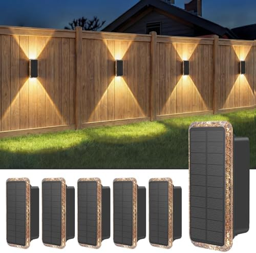 vighep Solar Fence Lights Outdoor 6 Pack, 5CCT(3000K-6000K) Up and Down Solar Wall Lights, IP65 Waterproof Dusk to Dawn Wood Fence Lights Solar Powered for Patio, Porch, Backyard, Garage, Wall Decor by Vighep