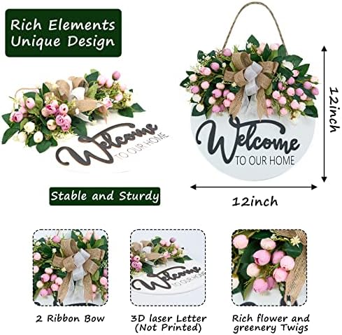 Spring Summer Welcome Wreath for Front Door, Farmhouse White Welcome Sign - Image 4