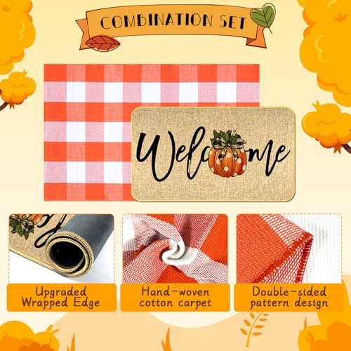 2Pcs Fall Door Mat Combo Set Pumpkin Welcome Doormat + 28" x 43" Orange and White Buffalo Plaid Rug for Autumn Thanksgiving Halloween Porch Entryway Indoor Outdoor Decor - Image 4