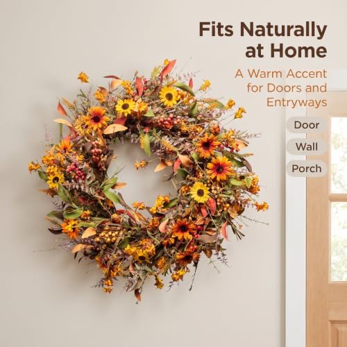 JINGHONG 24 Inch Fall Wreaths for Front Door, Artificial Autumn Wreath with Sunflowers, Berries and Leaves, Thanksgiving Harvest Wreath for Porch Wall Window Fireplace Farmhouse Home Decor - Image 3