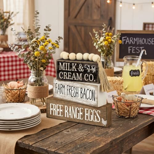 Moucuny 4 Pcs Farm Fresh Farmhouse Table Decor Rustic Stacked Wooden Sign - Image 7