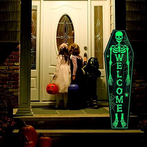 Halloween Decorations Outdoor Glow in the Dark: Large Scary Coffin Skeleton Welcome Sign Front Porch with Spider and Spiderwebs 3Pcs, Splicable Halloween Door Decorations for Home Wall Front Door by Ivenf