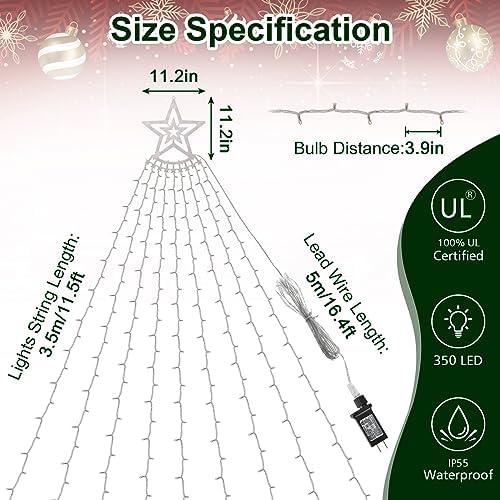 Christmas Decoration Lights, Outdoor Christmas String Lights 320 LED 11.5Ft Waterfall Tree Light with Big Star Topper Waterproof 8 Light Modes for Xmas New Year Holiday Yard Outdoor Indoor Decor - Image 4