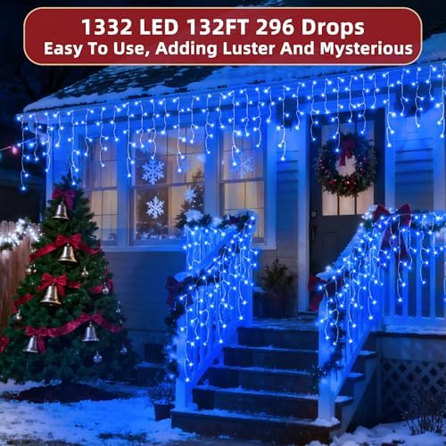 1332 LED 132ft Christmas Lights with 296 Drops, 12 Lighting Modes Blue Christmas Decoration Twinkling Lights Dimmable, Timer Outdoor Waterproof Fairy Lights for Indoor Xmas Garden House Eaves Roof - Image 2