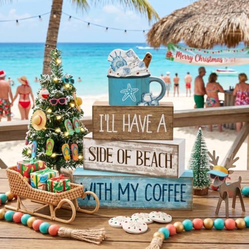 Lineshading 4 Pcs Beach Coastal Wooden Block Signs with Coffee Cup Summer - Image 2
