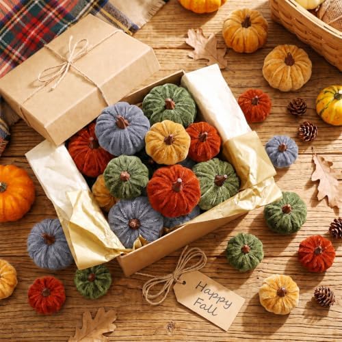 Weysat 24 Pcs Rustic Velvet Pumpkins Fall Thanksgiving Decor, Assorted Size - Image 3