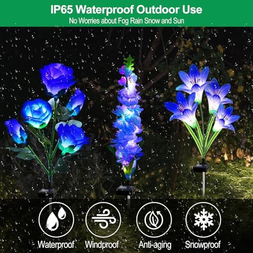 Solar Garden Lights Waterproof, 3 Pack Solar Flowers Lights Includes Lily Rose Delphinium, Gardening Gifts for Mom Grandma Women, 7-Color Changing Outdoor Decor for Garden Yard Patio Lawn - Image 7