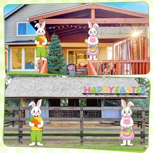 Shellwei 2 Pcs Easter Bunny Door Decor, Wood Rabbit Welcome Sign Home - Image 6