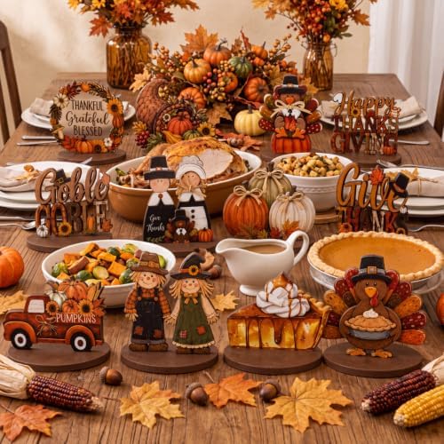 12 Pcs Fall Thanksgiving Table Decor Turkey Scarecrow Wooden Centerpiece - Image 5