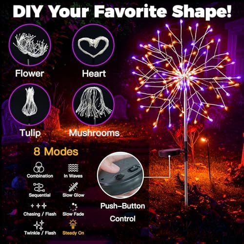 suddus Solar Halloween Lights Outdoor Solar Powered, Upgrade 2-Pack Orange & Purple Solar Firework Lights, Waterproof Garden Light for Yard Pathway Patio Flowerbed Halloween Decorations - Image 3