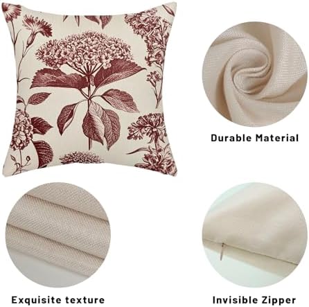 Burgundy Red Pillow Covers 24x24 Inch 2 Pcs Boho Vintage Floral Decor Throw Pillows Hydrangea Flower Seasonal Outdoor Farmhouse Neutral Accent Decoration Pillowcase Linen Cushion Cover for Sofa - Image 7