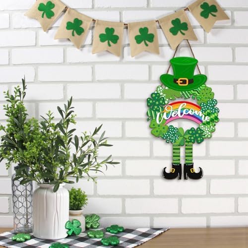 Happy St. Patrick's Day Welcome Wooden Hanging Sign 13.4x12.8 Inch St Patricks Day Rainbow Shamrock Wreath Sign for Front Door Decor,Irish Spring Lucky Gnome Wood Wreath Indoor Wall Hanging Decoration - Image 4