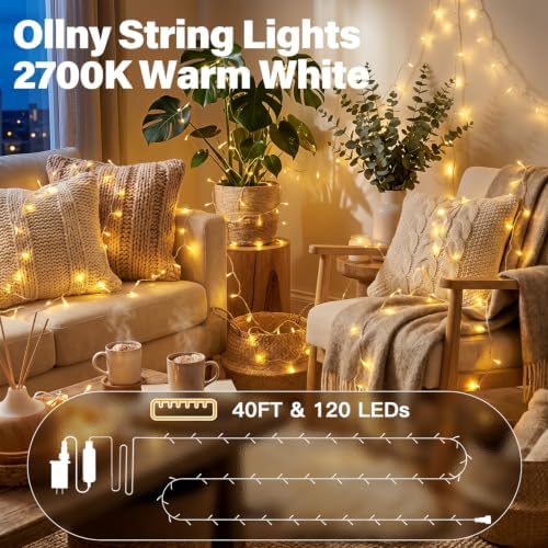 Ollny 120LED 40FT String Lights, Waterproof Connectable Fairy Lights with Timer 8 Modes, Warm White Plug in Indoor Light for Bedroom Classroom Outdoor Wedding Christmas Party Decorations - Image 2