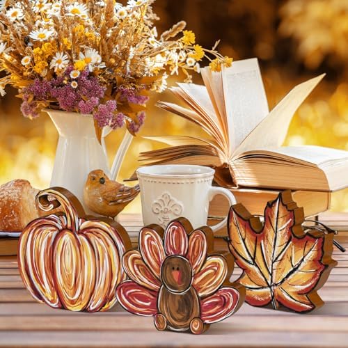 Smile 3 Pcs Wooden Blocks Pumpkin Turkey Maple Signs, Thanksgiving Tiered Tray Decorations, for Home Table Shelf. - Image 2