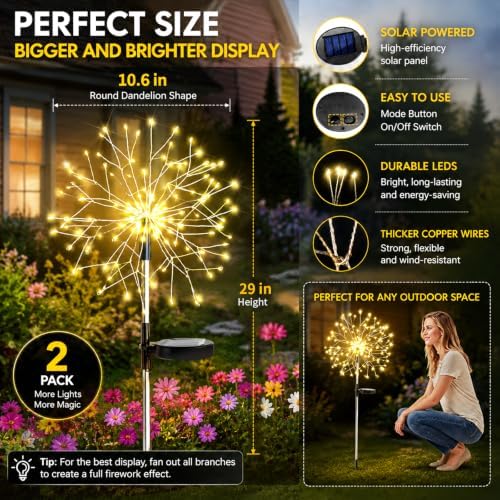 suddus Solar Garden Lights Outdoor 2-Pack 150LED Firework Lights Warm White - Image 5