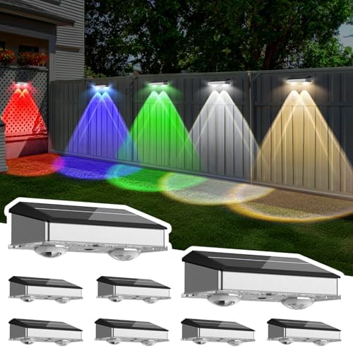 Solar Fence Lights Outdoor 8 Pack, Stainless Steel & IP65 Waterproof, 8 Lighting Modes High Brightness LED Spot Lens Deck Lights Dusk to Dawn for Backyard Stair Railing Patio Wall by Lightkeeys