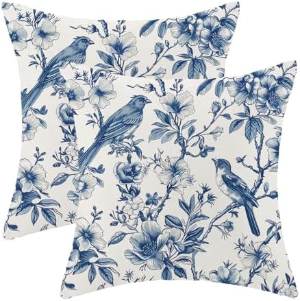 Navy Blue Spring Floral Pillow Covers 18 x 18 Inch Set of 2 for Chinoiserie Vintage Flowers Bird Decor Throw Pillows Plant Farmhouse Outdoor Decorative Cushion Cases for Couch Bed Decorations by CXMEIFLY