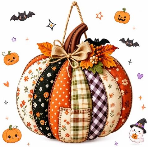 Autumn Retro Patchwork Pumpkin Door Hanging with Lights，J by Vioshon