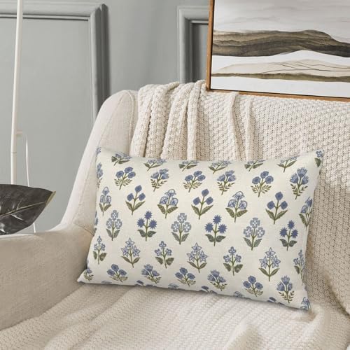 Blue Green Pillow Covers 12x20 Inch 2 Pcs Block Print Vintage Floral Decor Throw Pillows Boho Flower Spring Summer Outdoor Seasonal Decoration Pillowcase Linen Cushion Cover for Couch Sofa - Image 4
