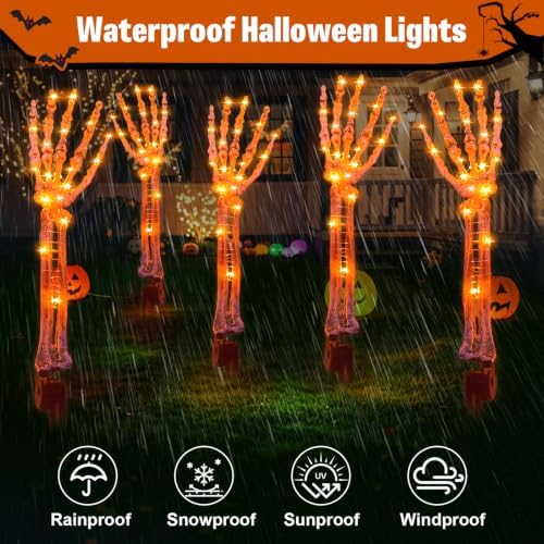 Solar Halloween Decorations,5 Pack Skeleton Hands Halloween Pathway Lights - Waterproof LED Stakes with 250 Purple &Orange Lights, 8 Modes - Scary Outdoor Yard Solar Powered Haunted Decorations - Image 4