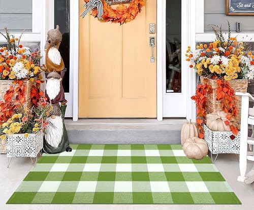 Green White Buffalo Plaid Layered Doormat27.5"x43.3" Cotton Front Porch Rug by BUAGETUP