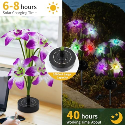 Solar Garden Lights Outdoor - Solar Flowers Lights Outdoor Decorative Waterproof, 40 Hour Coloring Changing Lily Flower Yard Pathway Light Solar Powered, Cemetery Decoration, Backyard Decor, 4pcs - Image 2