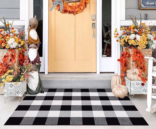 BUAGETUP Black and White Layered Doormat,27.5"x43.3"Cotton Door Mat Outdoor by BUAGETUP