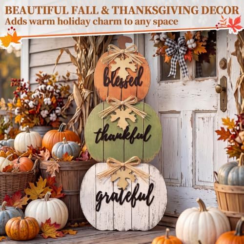 Threehoney 35 Inch Fall Stacked Pumpkins for Porch Wooden Outdoor Standing Pumpkin Decor Thanksgiving Harvest Farmhouse Sign for Yard Front Door Garden Patio Outdoor(Thanksgiving,Rustic Color) - Image 5