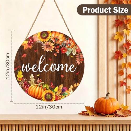Fall Pumpkin Sunflower Front Door Welcome Hanger 12"x12" - Autumn Thanksgiving Farmhouse Decorations - Rustic Outdoor Hanging Plaque Wall Art for Home Porch - Image 2