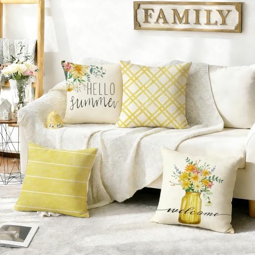 RABUSOFA Daisy Floral Vase Hello Summer Pillow Covers Set of 4,Seasonal Yellow Striped Outdoor Decorative Cushion Case Summer Decorations for Home Decor 20x20 Inch - Image 5