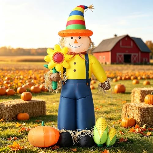 DomKom 6FT Fall Inflatable Scarecrow, Cute Scarecrow Hold Sunflower with Corn and Pumpkin, Harvest Thanksgiving Blow Up Decorations, Built-in LEDs for Holiday Party, Garden, Lawn, Yard, Patio Décor by DomKom